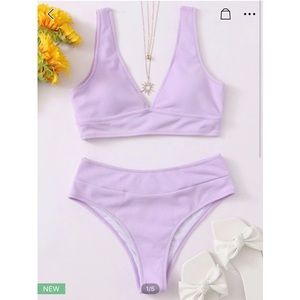 Light Purple Ribbed High Waisted Shein Bikini Set